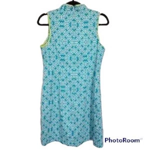 Vince Camuto Teal and White Patterned Sheath Dress with lime trim - 6 🌻💙💙🌻 - Picture 2 of 10
